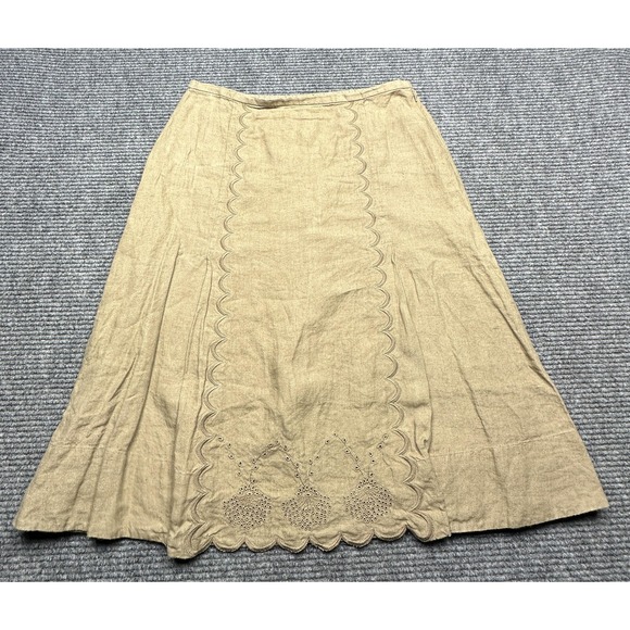 J. Jill Dresses & Skirts - J Jill Skirt Womens 10 Brown 100% Linen A-Line Midi Embroidered Scallop Hem